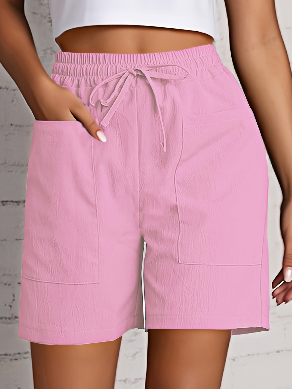 Relaxed Drawstring Shorts With Patch Pockets - Pink