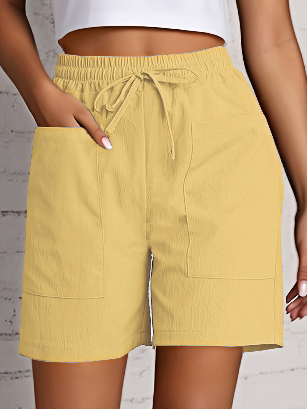 Relaxed Drawstring Shorts With Patch Pockets - Yellow