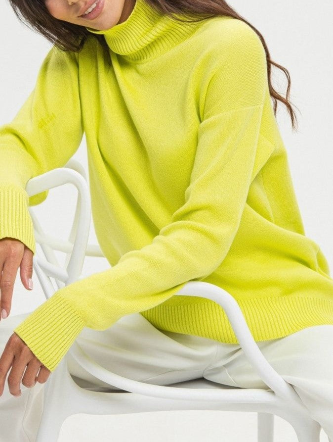 Slouchy Funnel Neck Longline Knit Sweater - Yellow