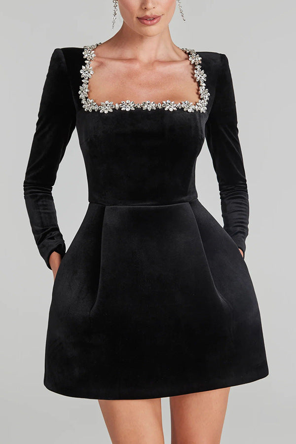 Jewel Trim Square Neck Velvet Mini Dress - Black