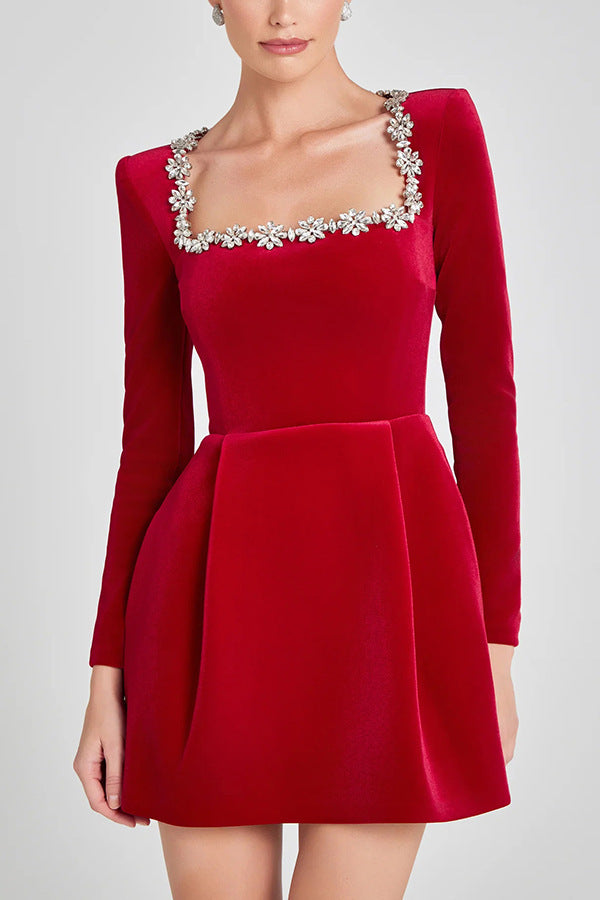 Jewel Trim Square Neck Velvet Mini Dress - Red