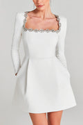 Jewel Trim Square Neck Velvet Mini Dress - White