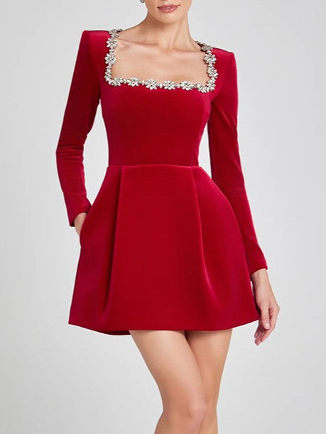 Jewel Trim Square Neck Velvet Mini Dress