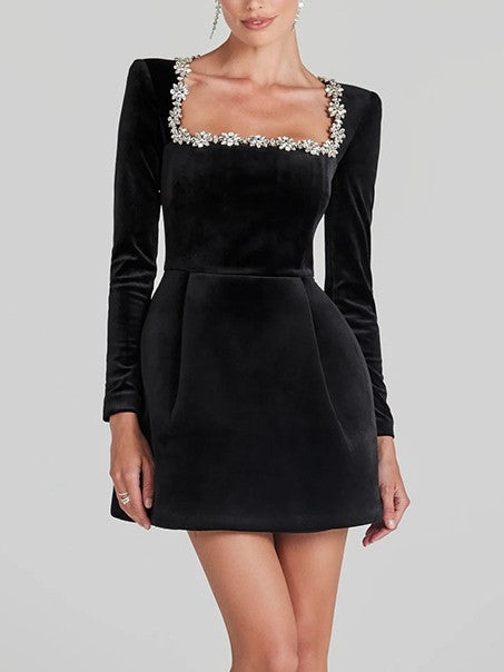 Jewel Trim Square Neck Velvet Mini Dress - view 2