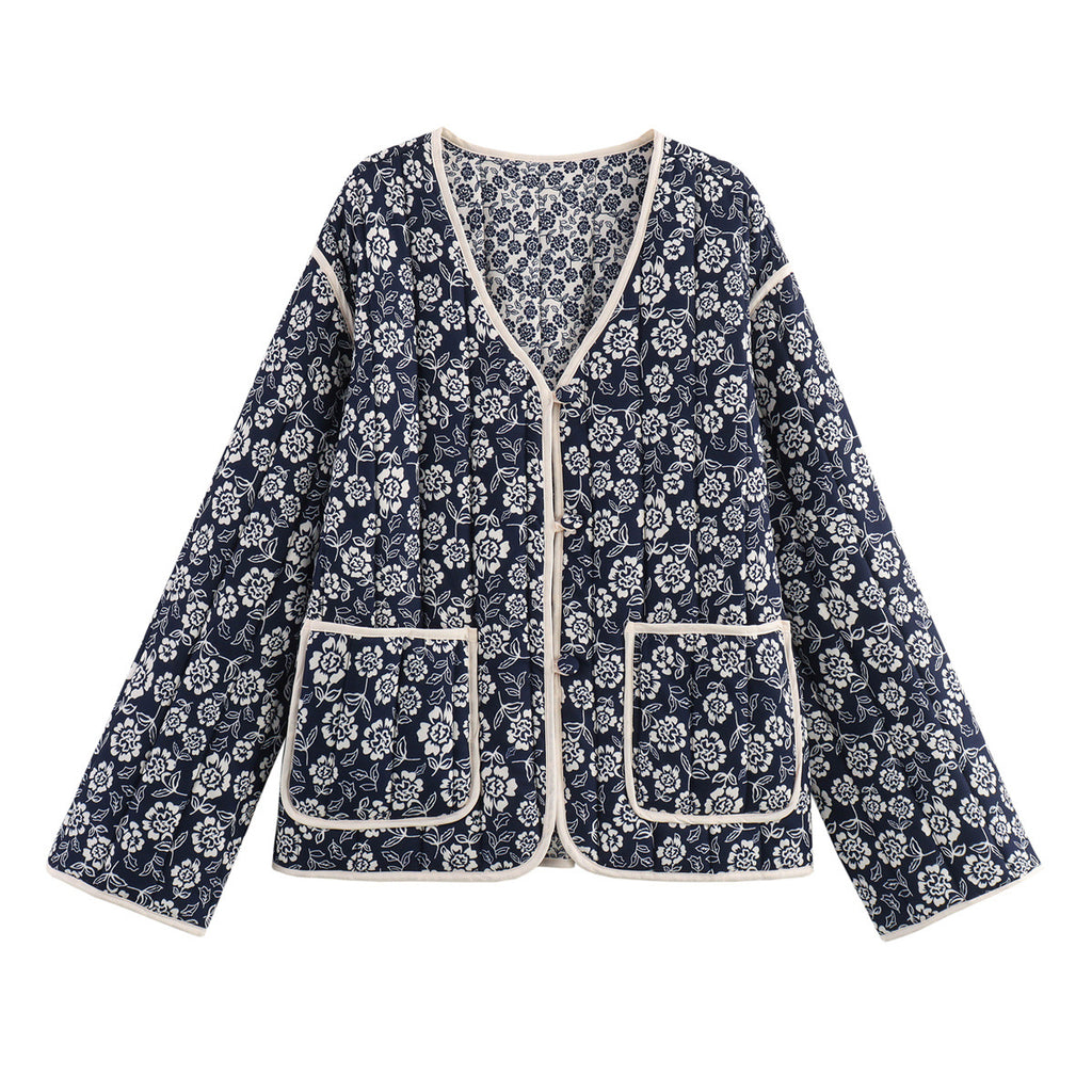 Floral Quilted V Neck Jacket With Pockets - Navy
