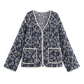 Floral Quilted V Neck Jacket With Pockets - Navy