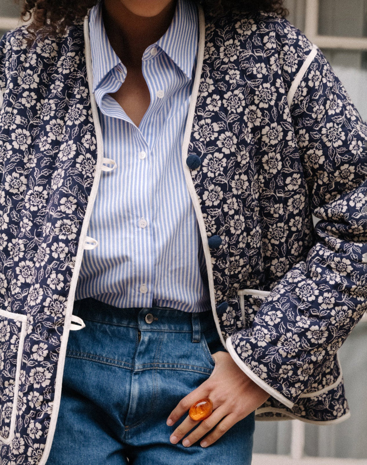 Floral Quilted V Neck Jacket With Pockets - Navy - 10