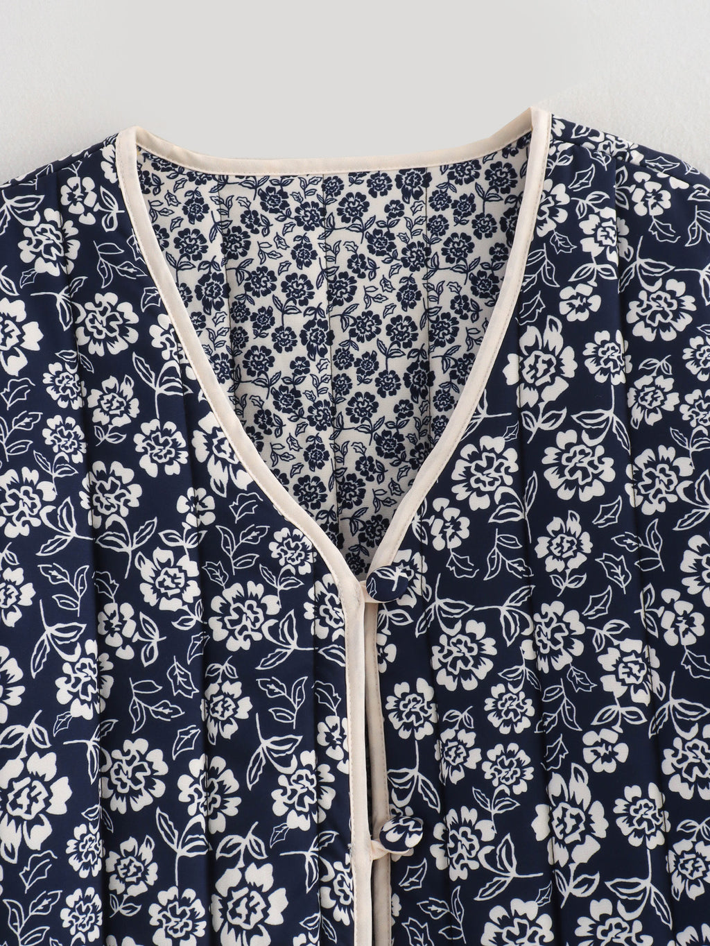 Floral Quilted V Neck Jacket With Pockets - Navy - 2