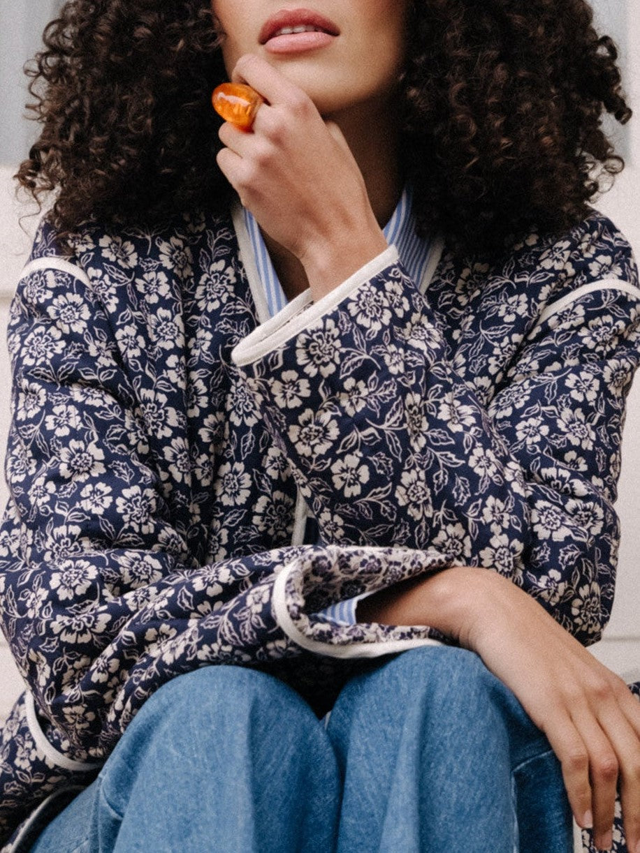 Floral Quilted V Neck Jacket With Pockets - Navy - 9