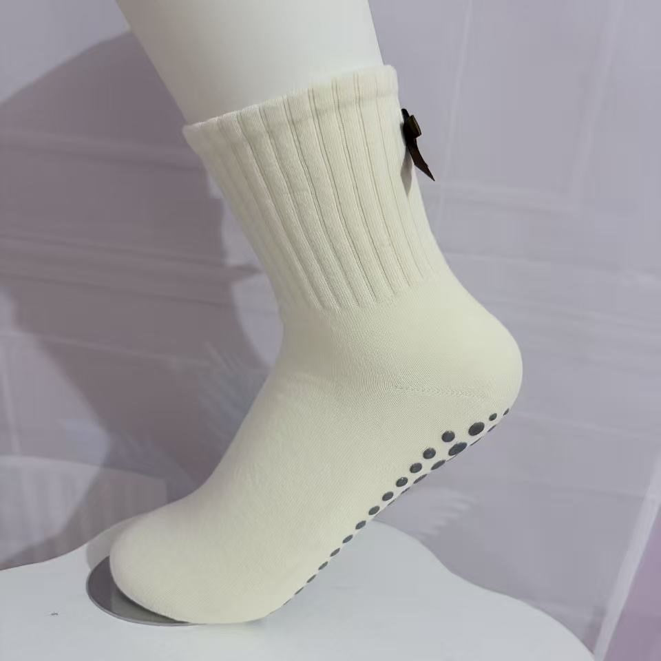 Nonslip Grip Crew Socks With Satin Bow - Beige - 1