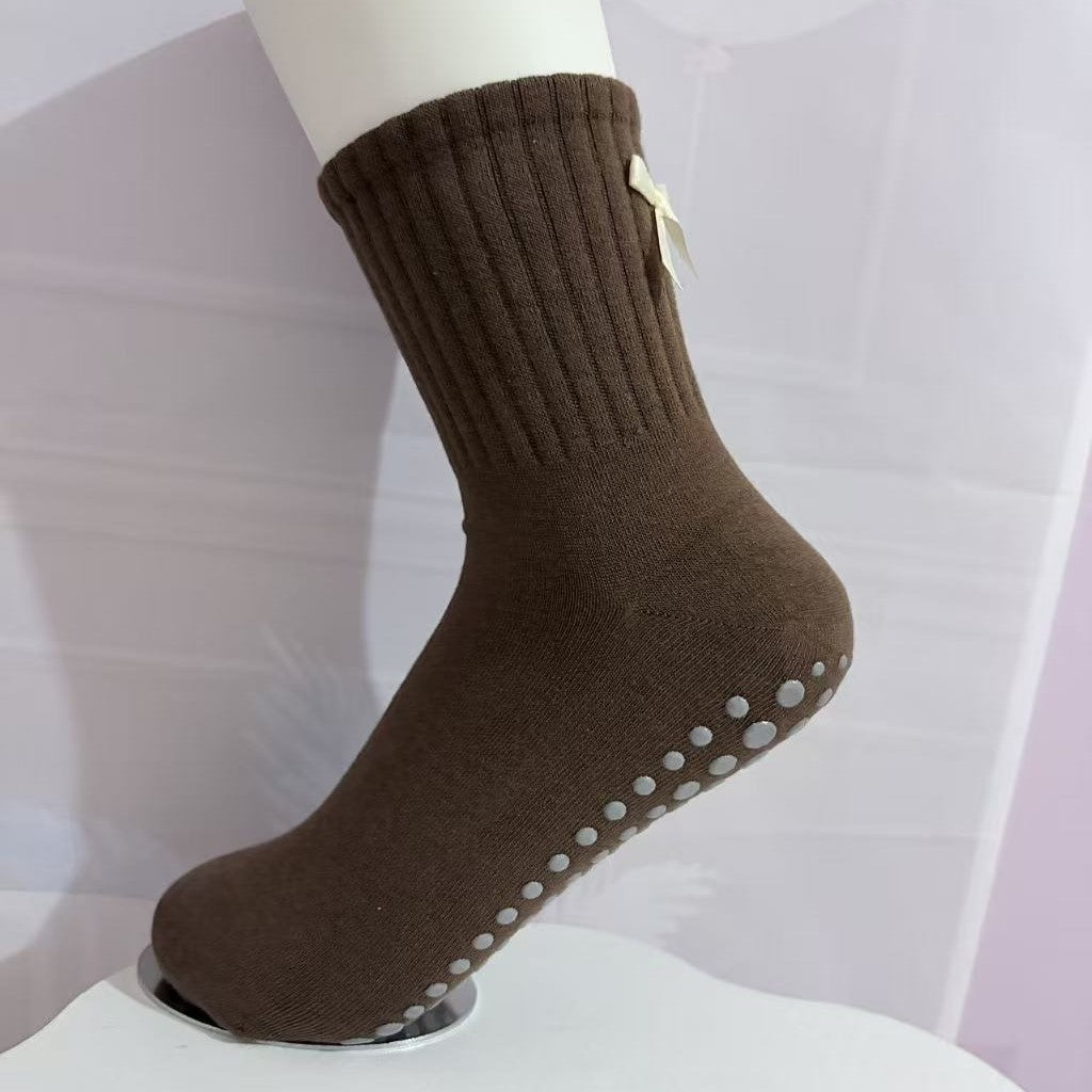 Nonslip Grip Crew Socks With Satin Bow - Brown