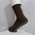 Nonslip Grip Crew Socks With Satin Bow - Coffee
