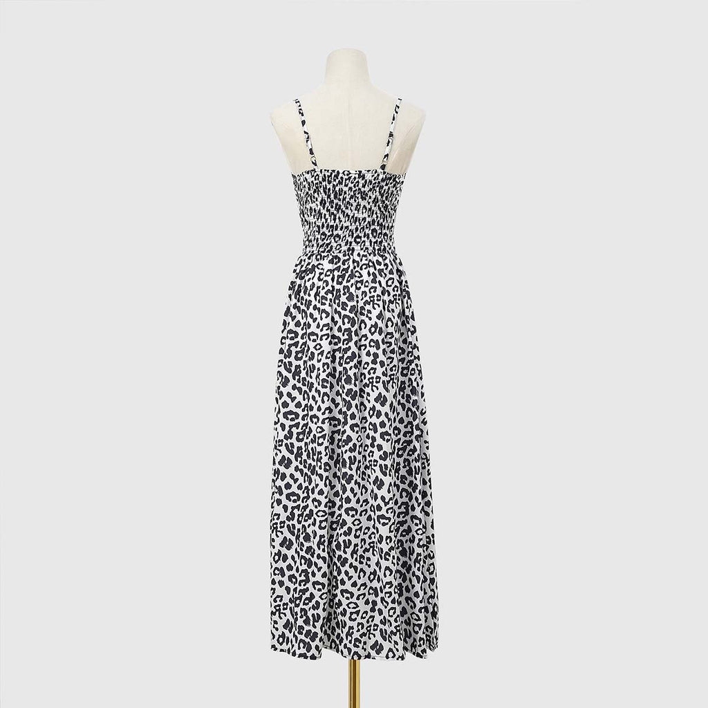 Animal Print Smocked Waist Cami Midi Dress - White - 3