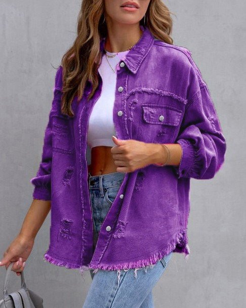 Distressed Raw Hem Oversized Denim Jacket - Deep Purple
