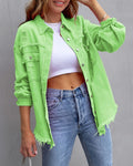 Distressed Raw Hem Oversized Denim Jacket - Light Green