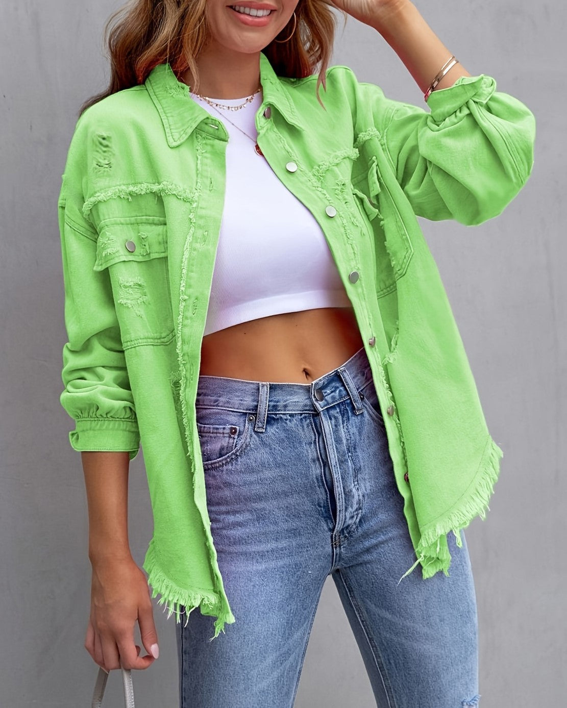 Distressed Raw Hem Oversized Denim Jacket - Light Green