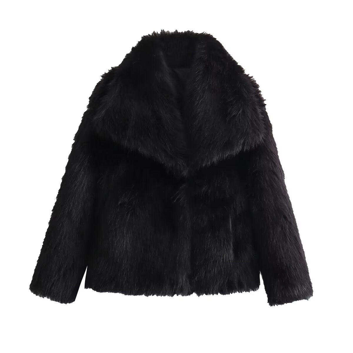 Shaggy Faux Fur Wide Lapel Coat - Black
