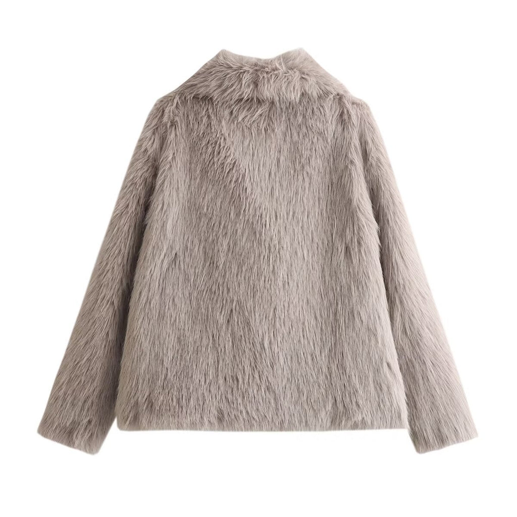 Shaggy Faux Fur Wide Lapel Coat - Grey - 1