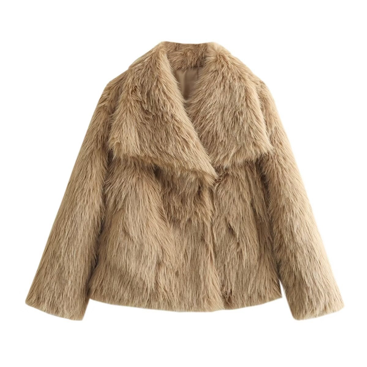 Shaggy Faux Fur Wide Lapel Coat - Khaki