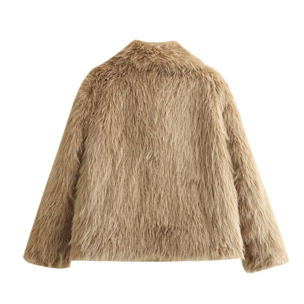 Shaggy Faux Fur Wide Lapel Coat - Khaki - 1