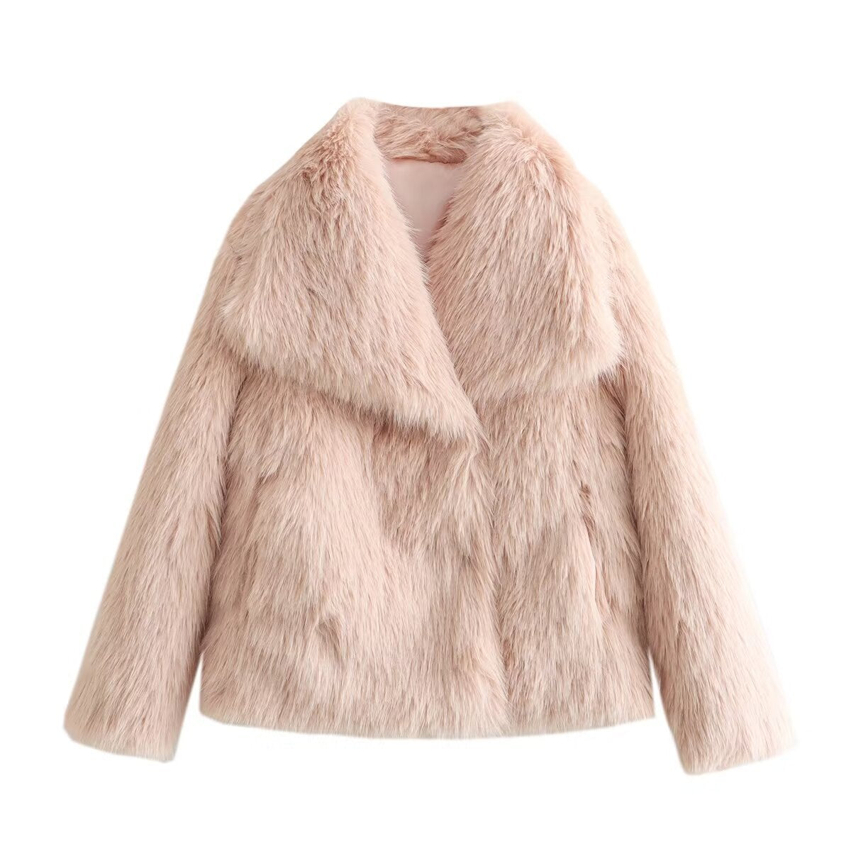 Shaggy Faux Fur Wide Lapel Coat - Pink