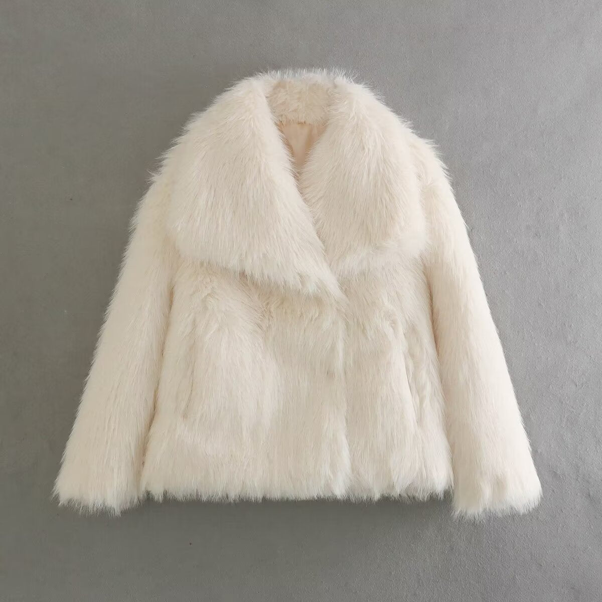 Shaggy Faux Fur Wide Lapel Coat - White