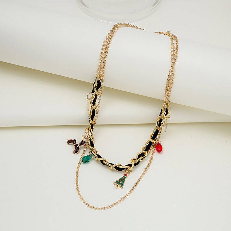 Ribbon Woven Chain Layered Charm Necklace - Black-B