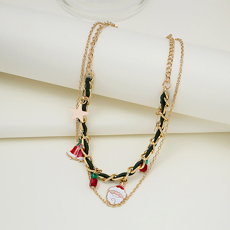 Ribbon Woven Chain Layered Charm Necklace - Green-A