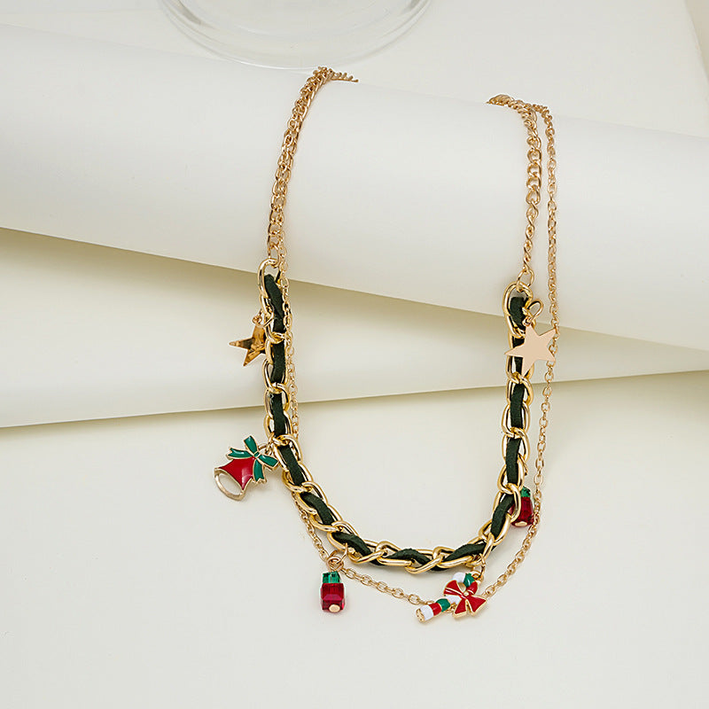 Ribbon Woven Chain Layered Charm Necklace - Green-B