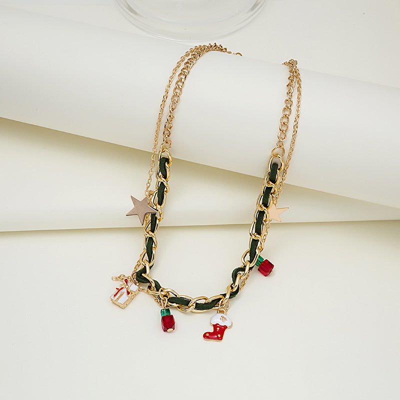Ribbon Woven Chain Layered Charm Necklace - Green-C