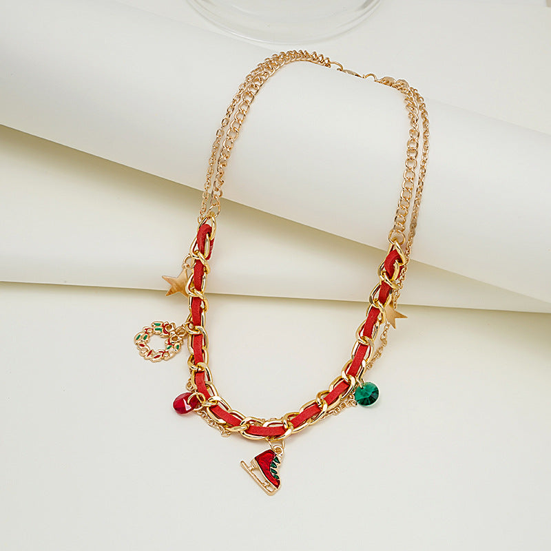 Ribbon Woven Chain Layered Charm Necklace - Red