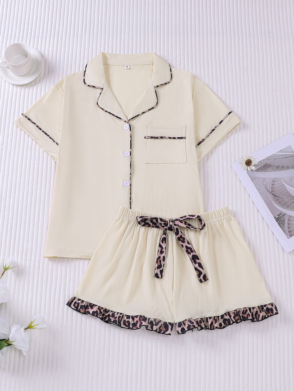 Leopard Trim Short Sleeve Pajama Set - Apricot