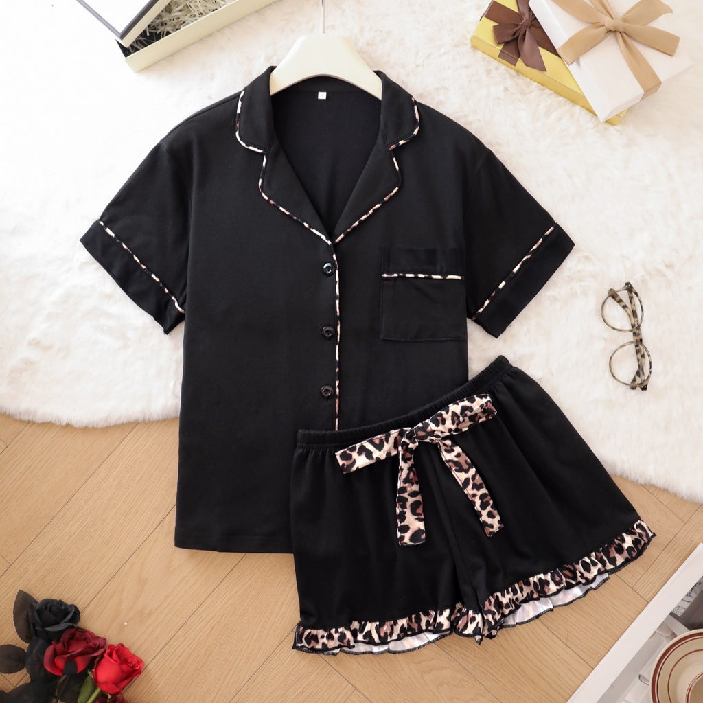 Leopard Trim Short Sleeve Pajama Set - Black
