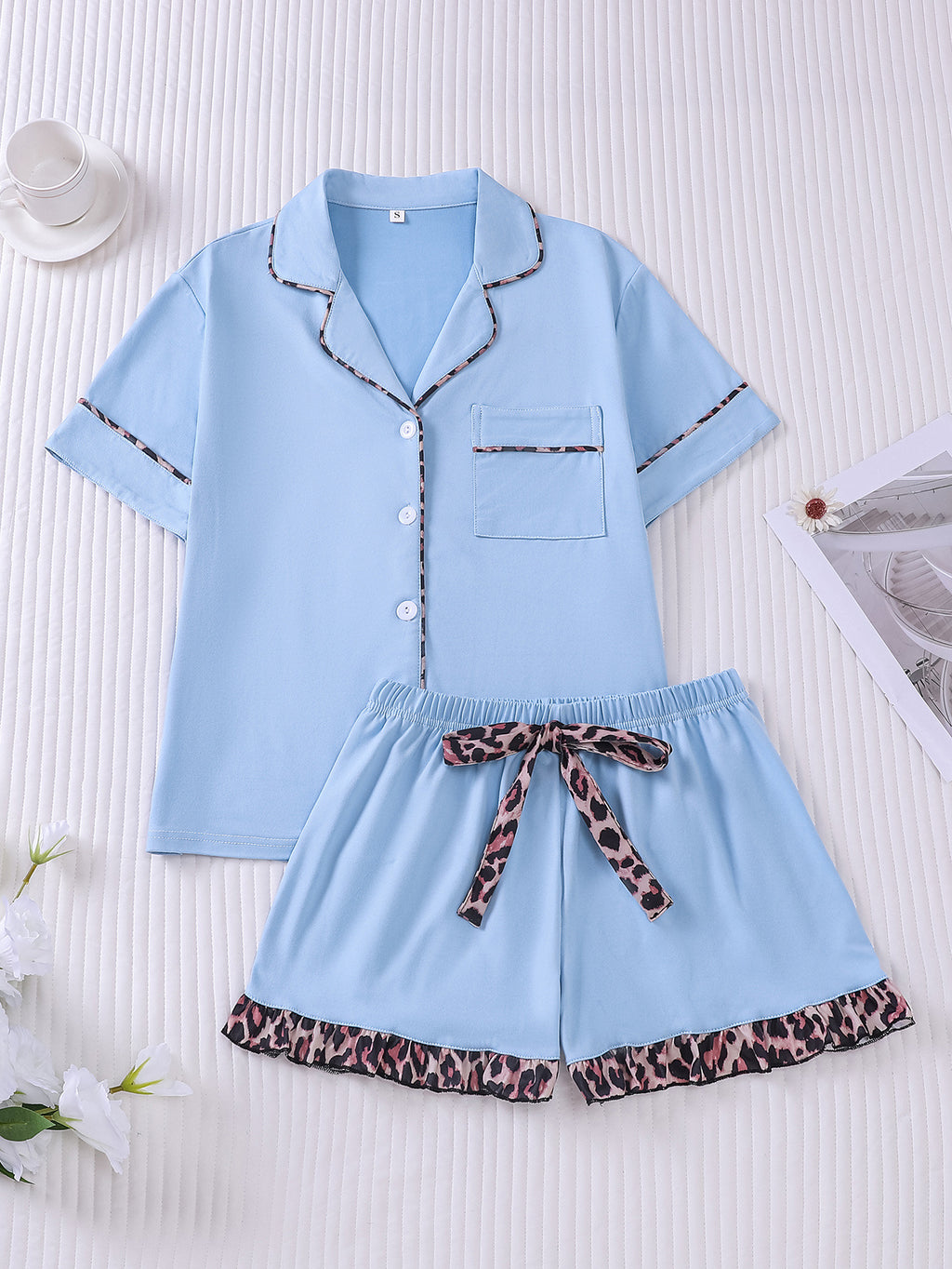 Leopard Trim Short Sleeve Pajama Set - Blue