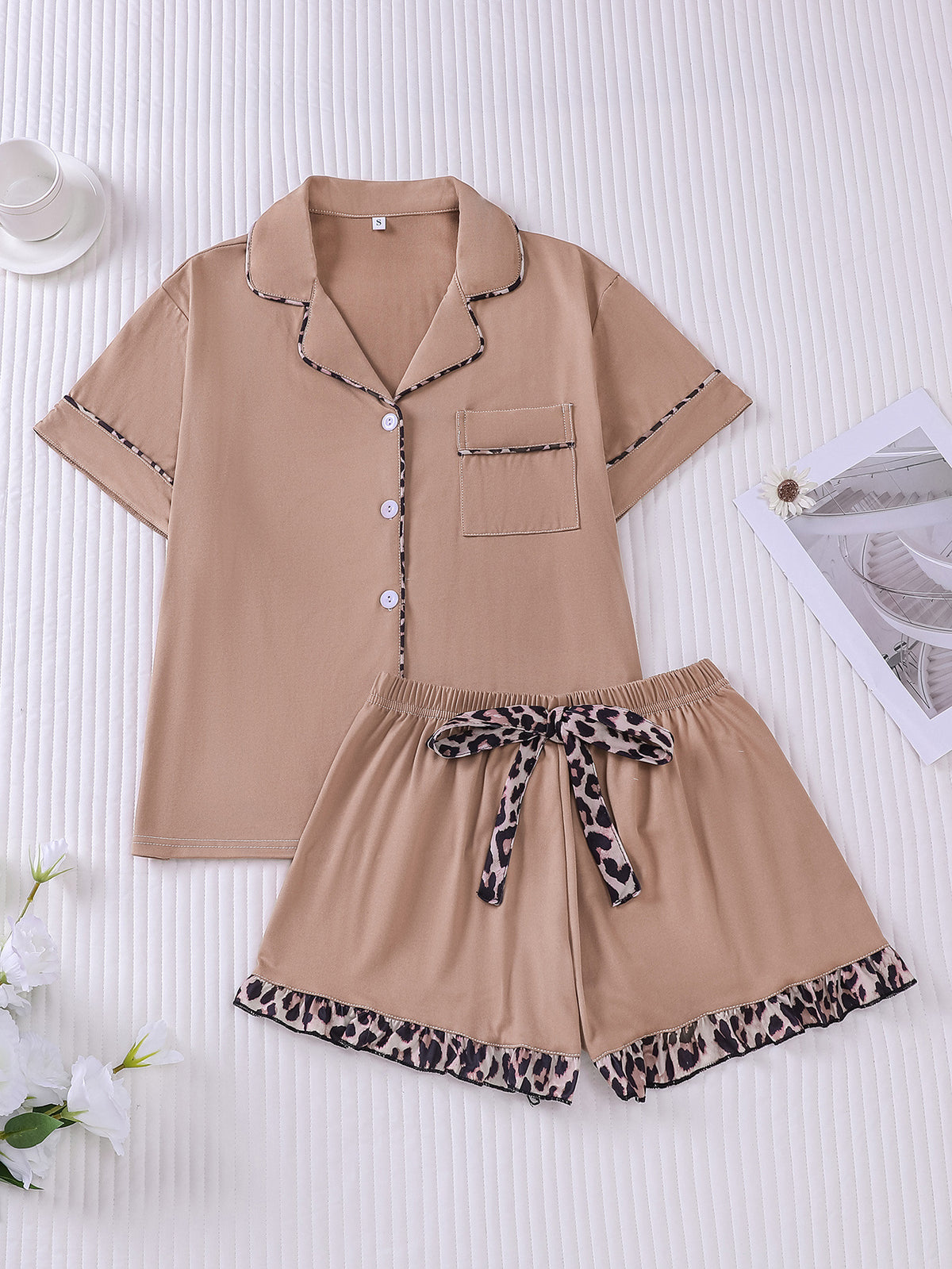 Leopard Trim Short Sleeve Pajama Set - Brown
