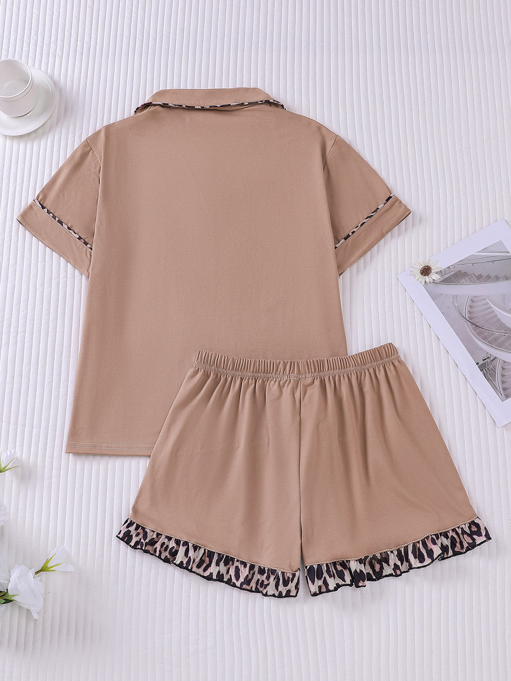 Leopard Trim Short Sleeve Pajama Set - Brown - 1
