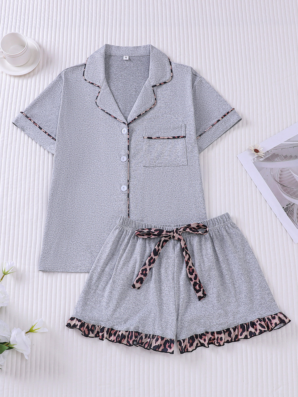 Leopard Trim Short Sleeve Pajama Set - Grey