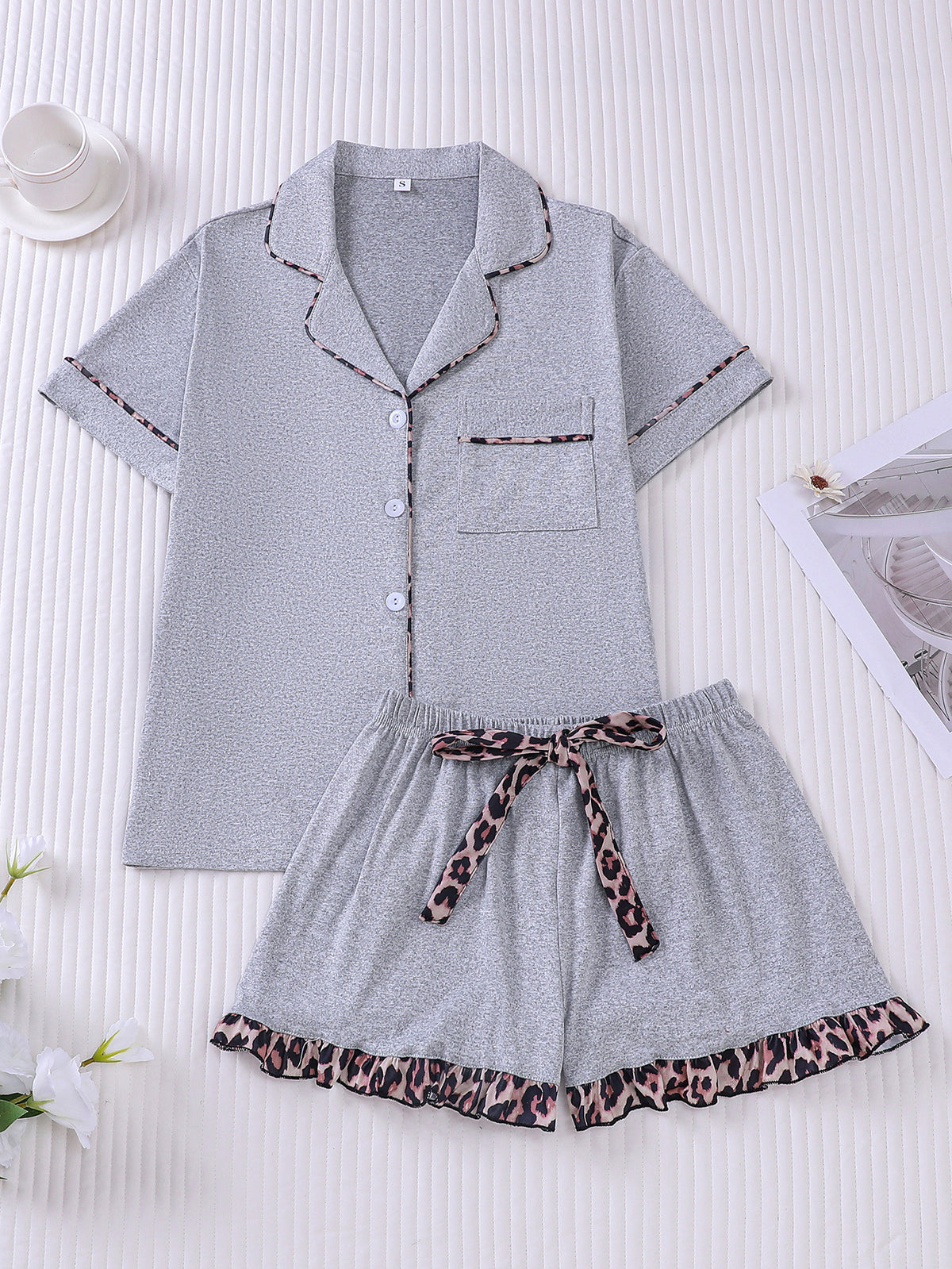 Leopard Trim Short Sleeve Pajama Set - Grey