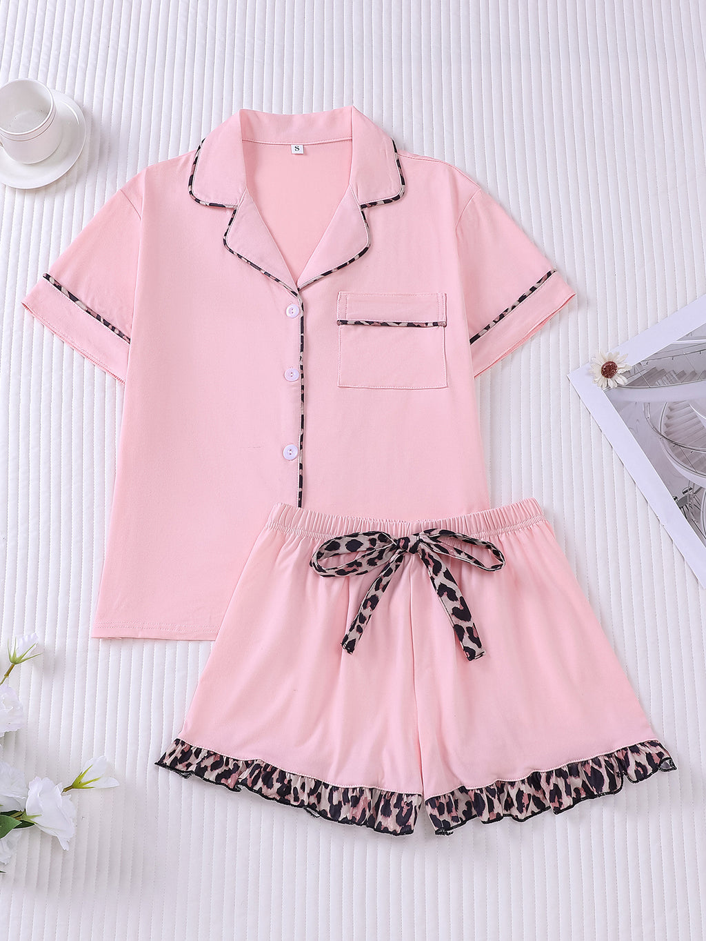 Leopard Trim Short Sleeve Pajama Set - Pink