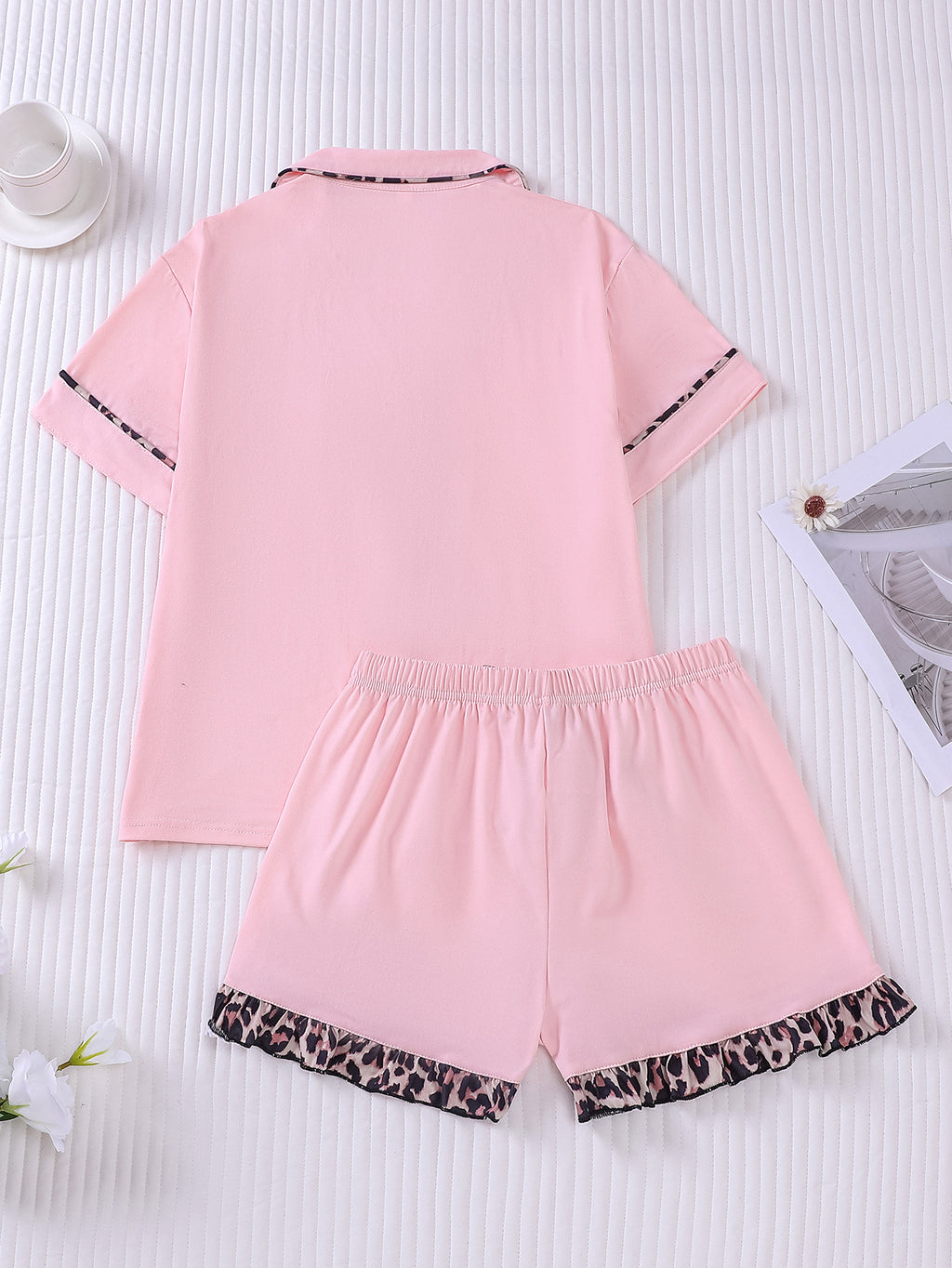 Leopard Trim Short Sleeve Pajama Set - Pink - 1