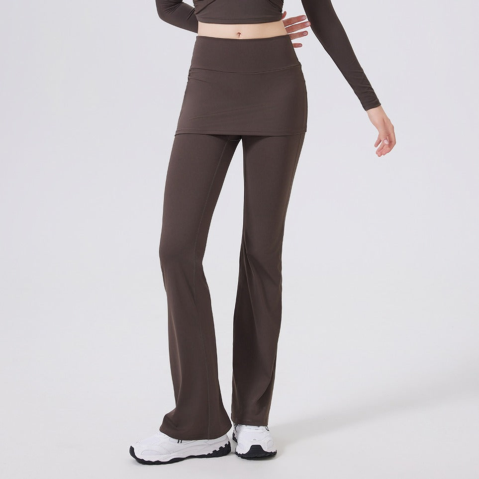 Ruched Skirted High Waist Flare Yoga Leggings - Espresso