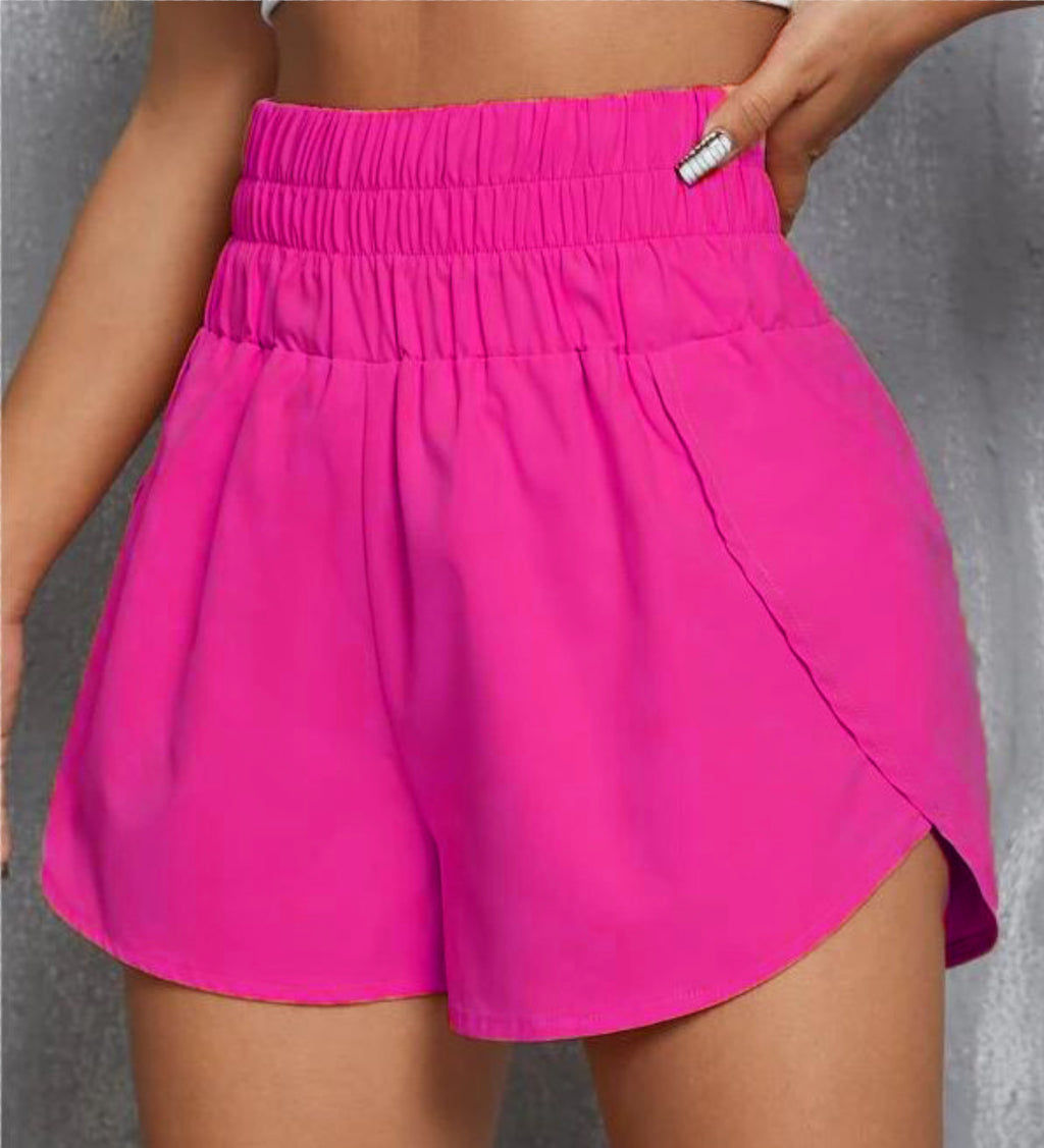 High Waisted Smocked Running Shorts - Rose_red