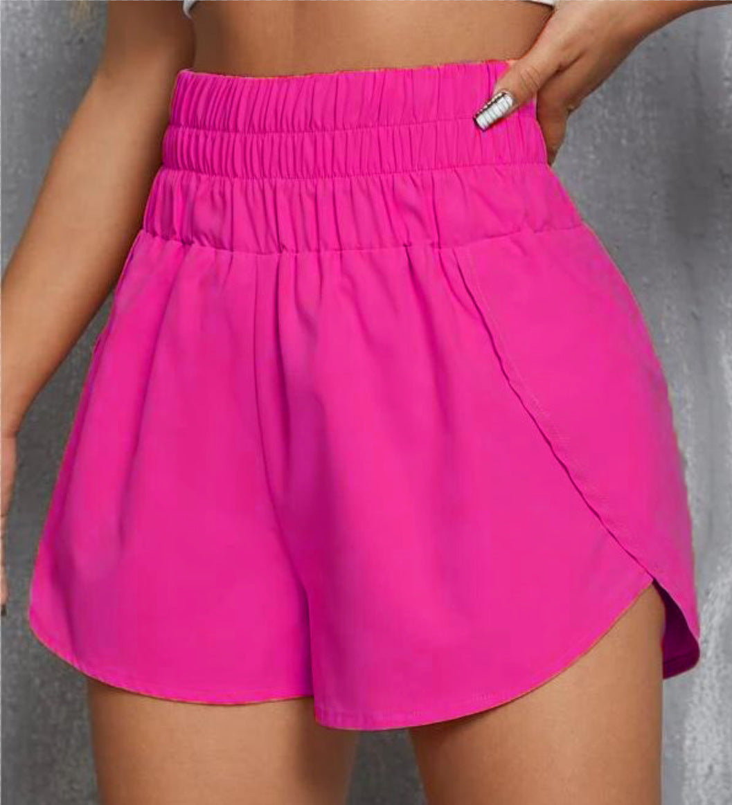 High Waisted Smocked Running Shorts - Rose_red