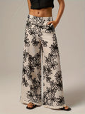 Wide Leg Palazzo Pants With Sketched Blooms - Black