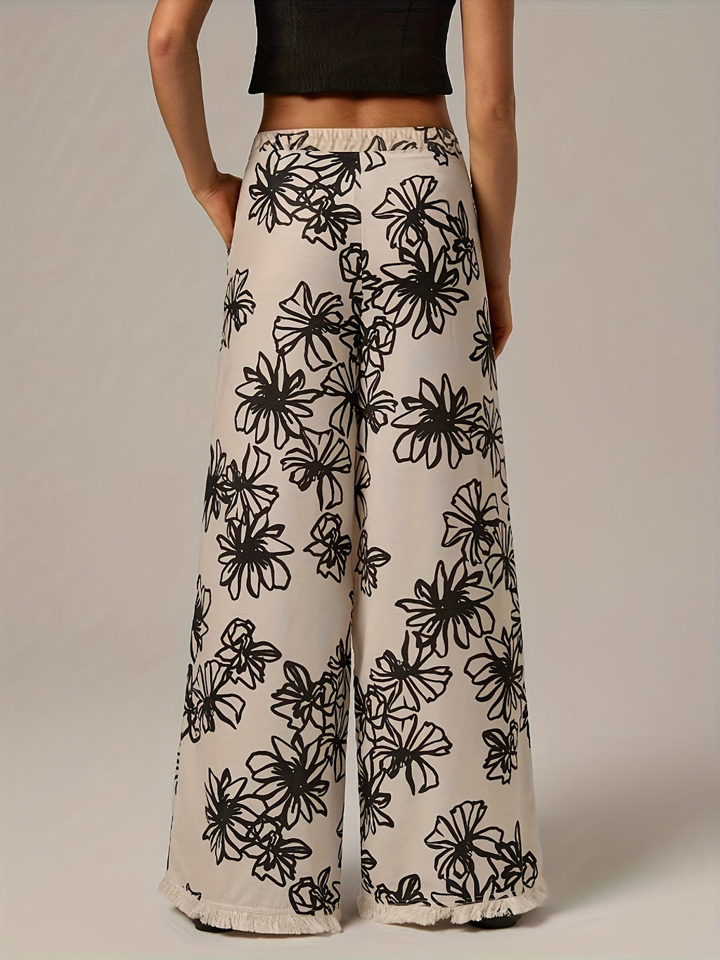 Wide Leg Palazzo Pants With Sketched Blooms - Black - 1