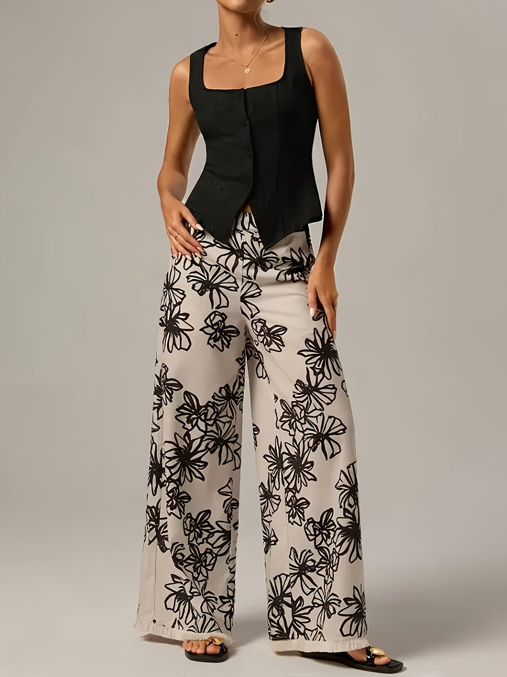 Wide Leg Palazzo Pants With Sketched Blooms - Black - 2