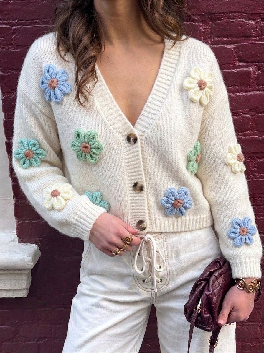Crochet Flower Cropped V Neck Cardigan - White