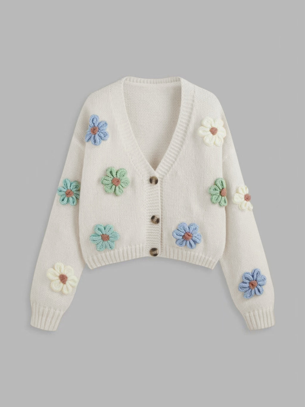 Crochet Flower Cropped V Neck Cardigan - White - 1