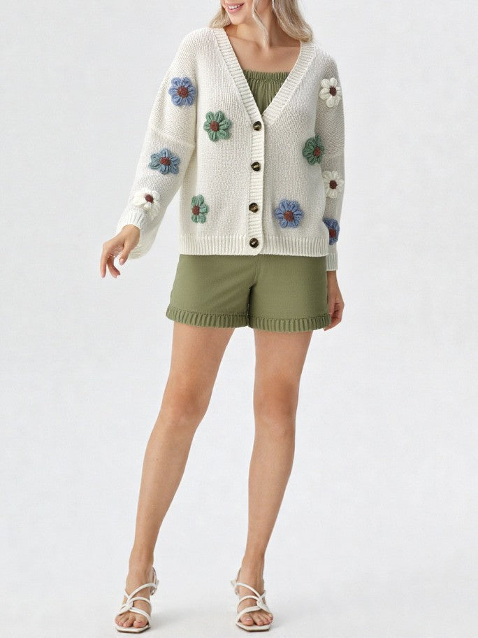 Crochet Flower Cropped V Neck Cardigan - White - 2