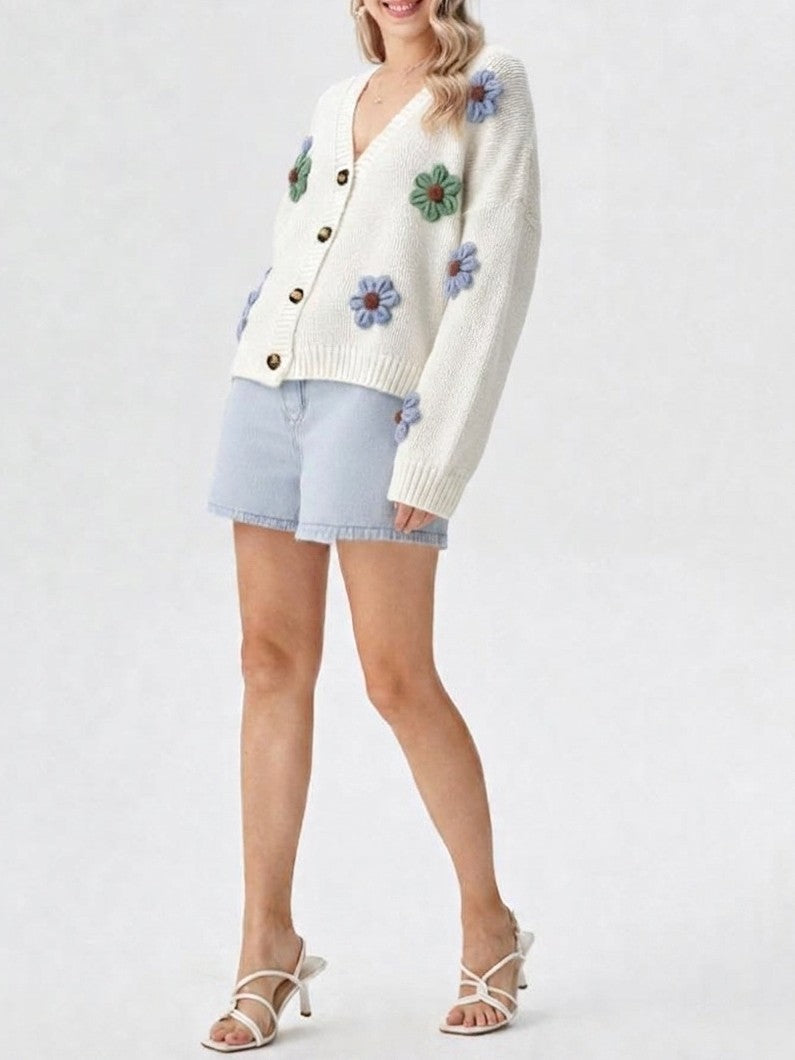 Crochet Flower Cropped V Neck Cardigan - White - 4